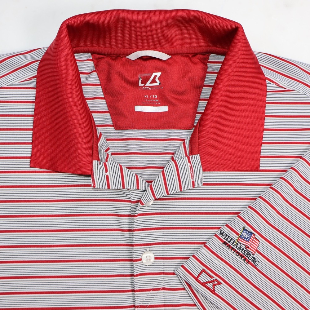 Cutter & Buck Mens XL Red White Striped Polo Williamsburg National Golf